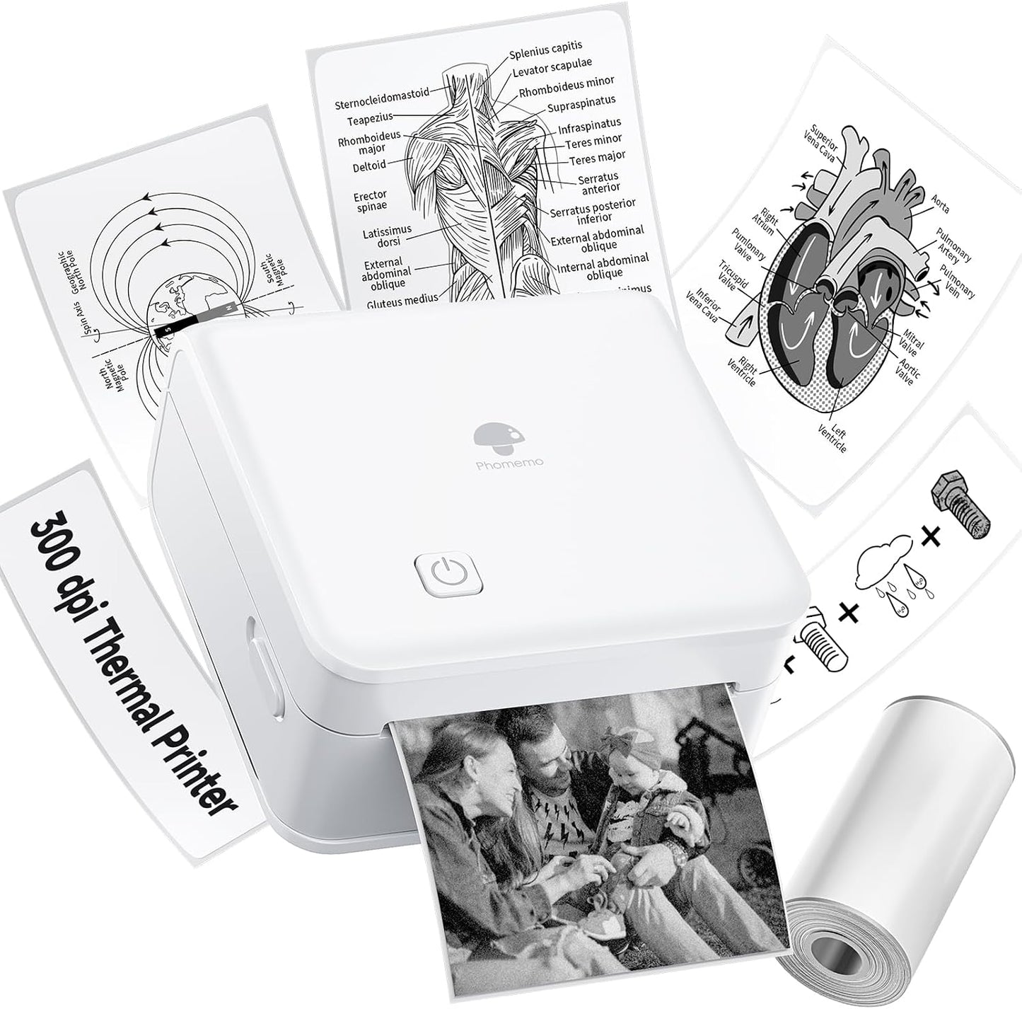 Phomemo M02 Pro Mini Imprimante Portable, 300 DPI Imprimante Thermique de Poche, Imprimante Photo Compatible avec Smartphone et Tablette, Idéal pour Les études, Les Photos, Les Cadeaux - Blanc