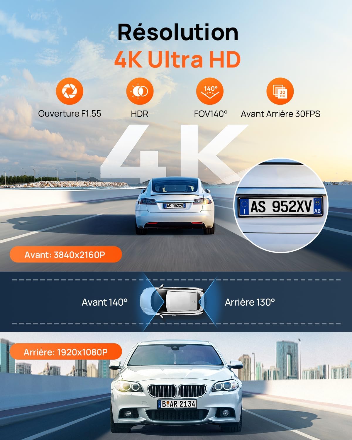 70mai Dash Cam Voiture 4K A800SE -Dashcam intelligente avec GPS