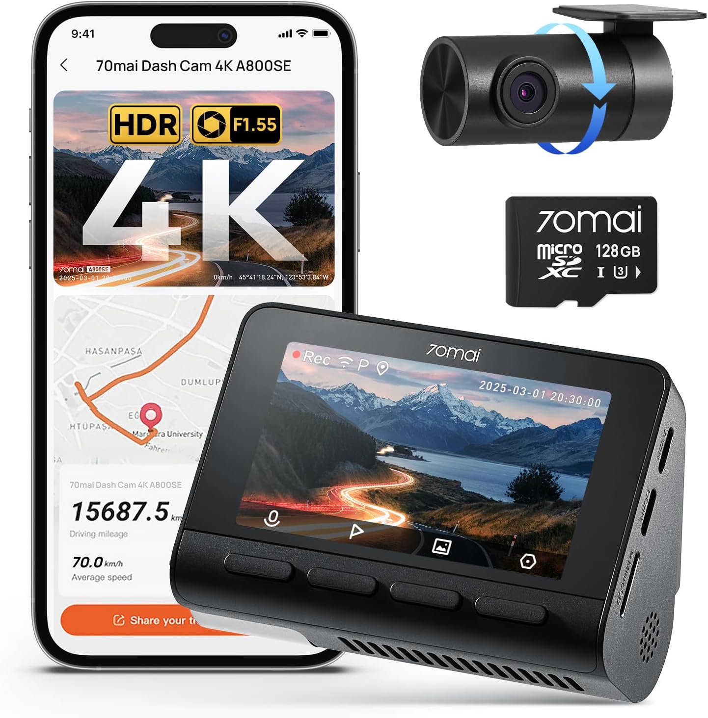 70mai Dash Cam Voiture 4K A800SE -Dashcam intelligente avec GPS